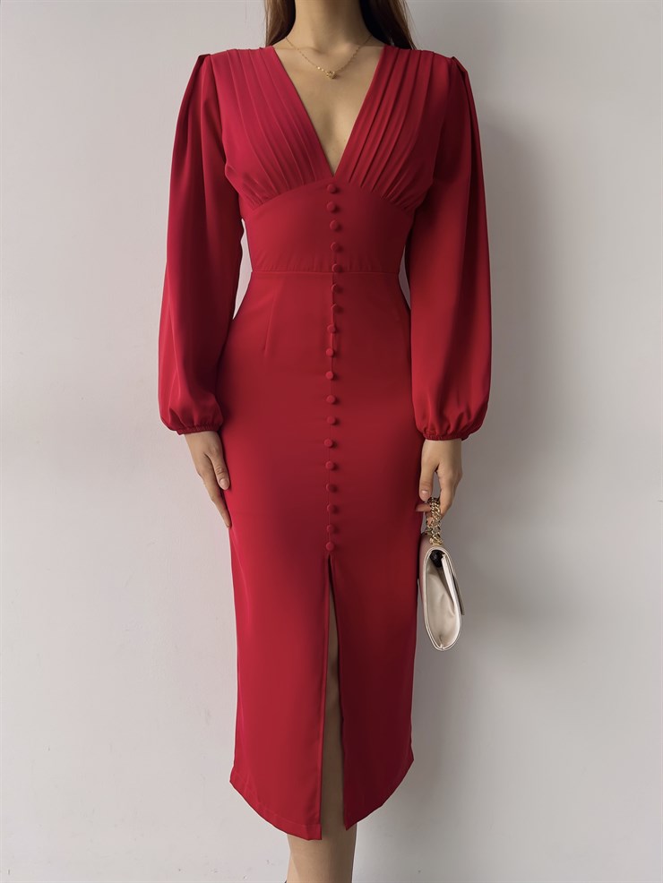 V Yaka Önden Yırtmaçlı Uzun Kol Berry Kadın Kırmızı Elbise 23K000361