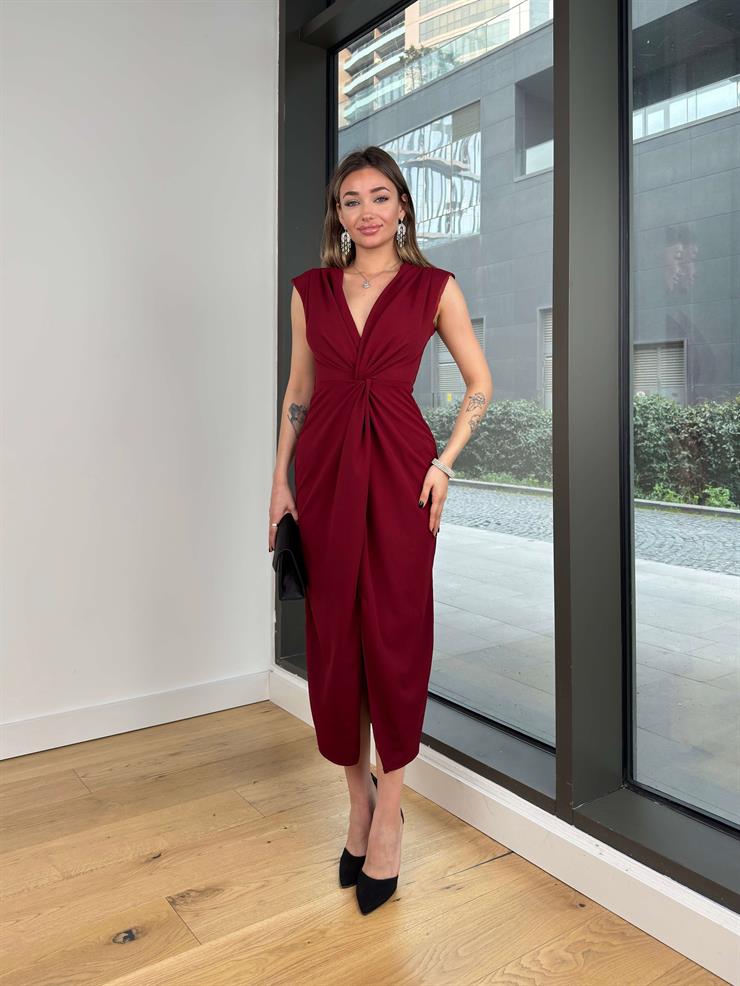 V Yaka Önü Büzgü Detaylı Onli Bordo Kadın Elbise 25Y230