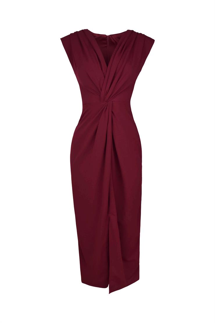 V Yaka Önü Büzgü Detaylı Onli Bordo Kadın Elbise 25Y230
