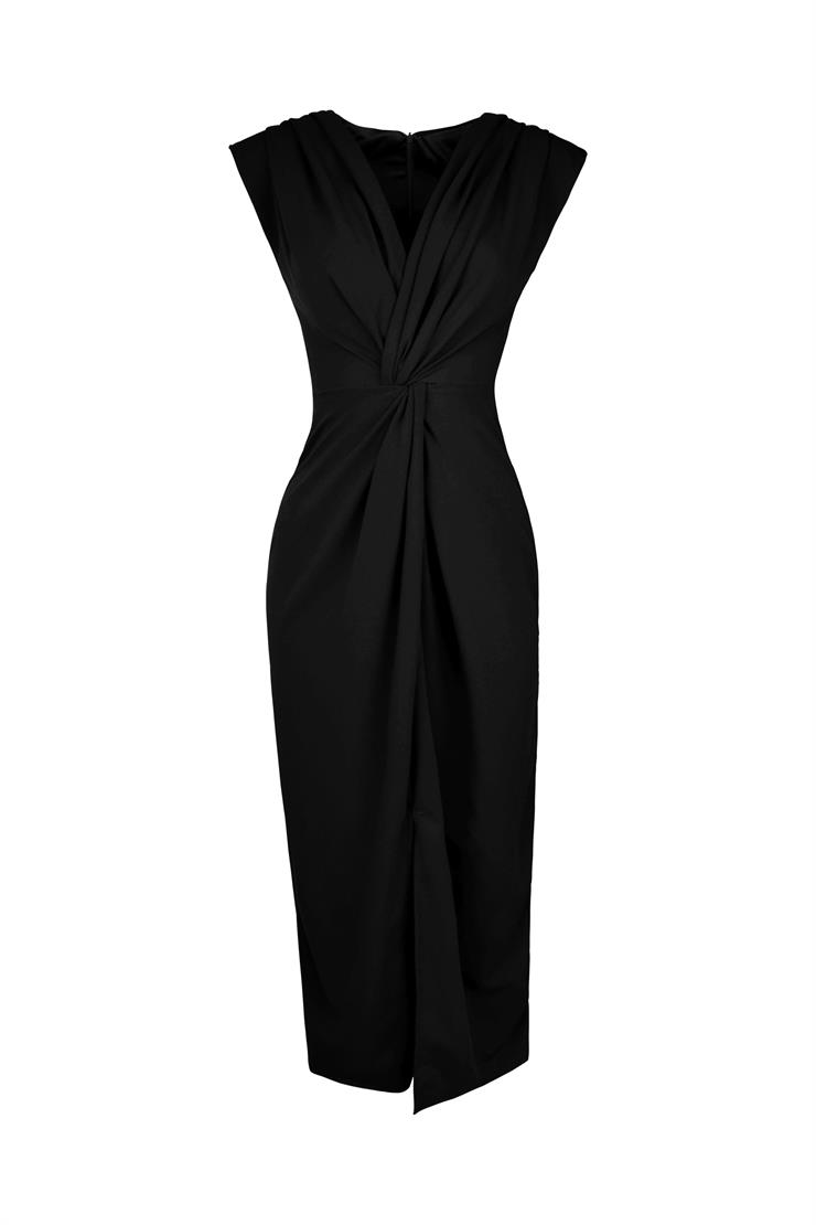 V Yaka Önü Büzgü Detaylı Onli Siyah Kadın Elbise 25Y230