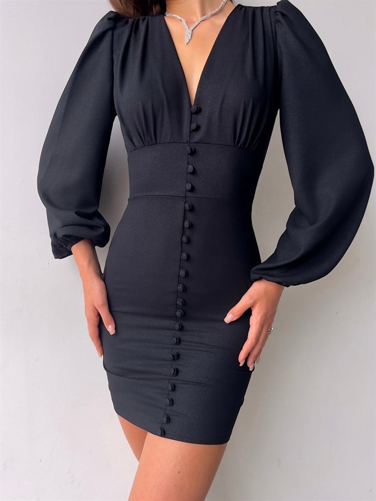 V Yaka Önü Düğme Detaylı Balon Kol Aron Kadın Siyah Mini Elbise 23K000169