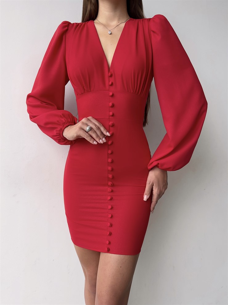V Yaka Önü Düğme Detaylı Balon Kol Aron Kadın Kırmızı Mini Elbise 23K000169