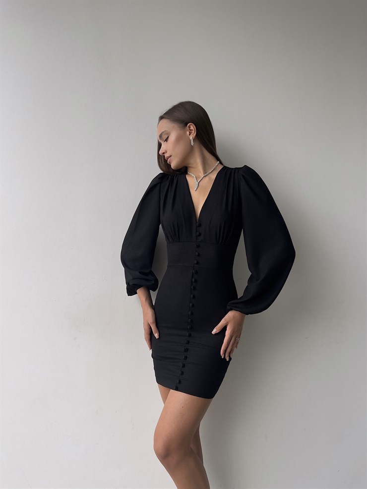 V Yaka Önü Düğme Detaylı Balon Kol Aron Kadın Siyah Mini Elbise 23K000169