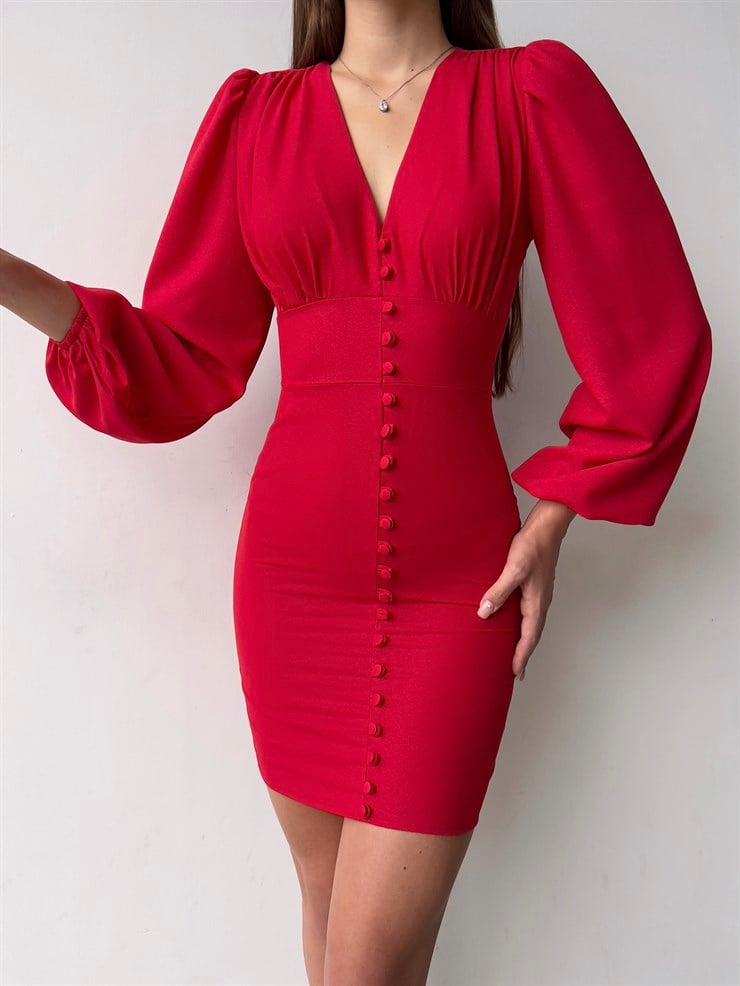 V Yaka Önü Düğme Detaylı Balon Kol Aron Kadın Kırmızı Mini Elbise 23K000169