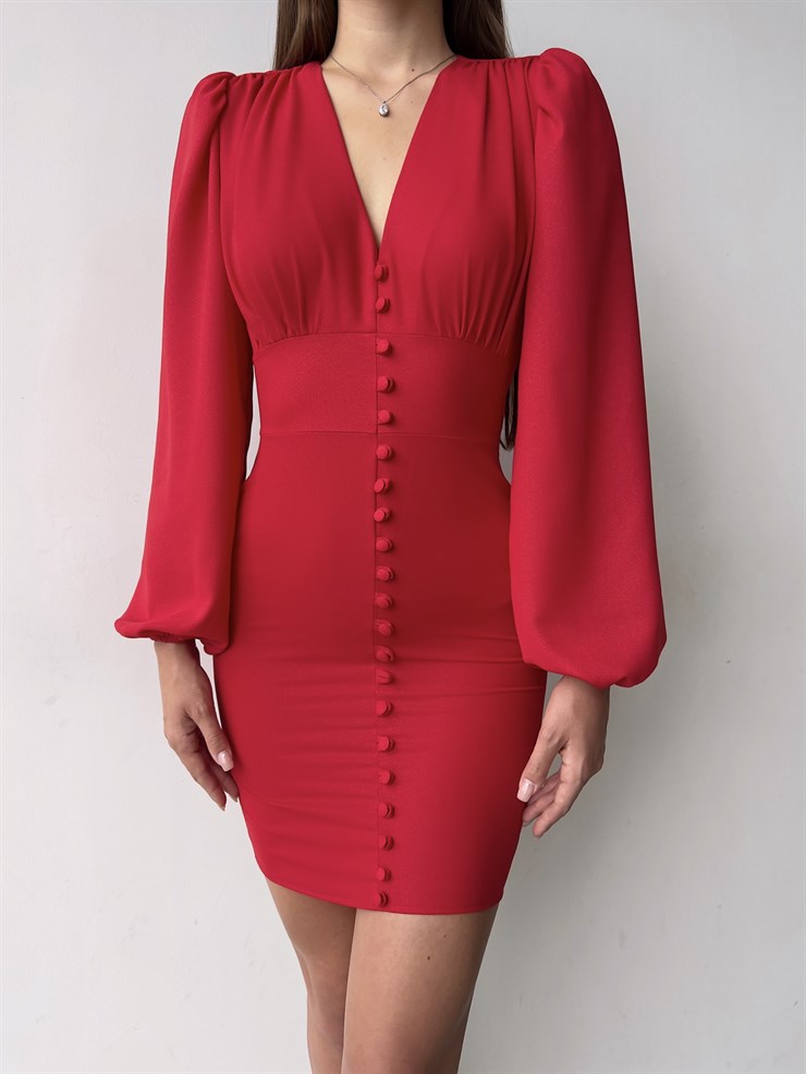 V Yaka Önü Düğme Detaylı Balon Kol Aron Kadın Kırmızı Mini Elbise 23K000169