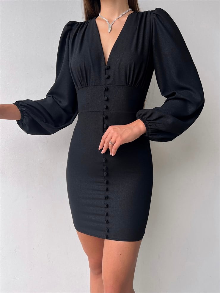 V Yaka Önü Düğme Detaylı Balon Kol Aron Kadın Siyah Mini Elbise 23K000169