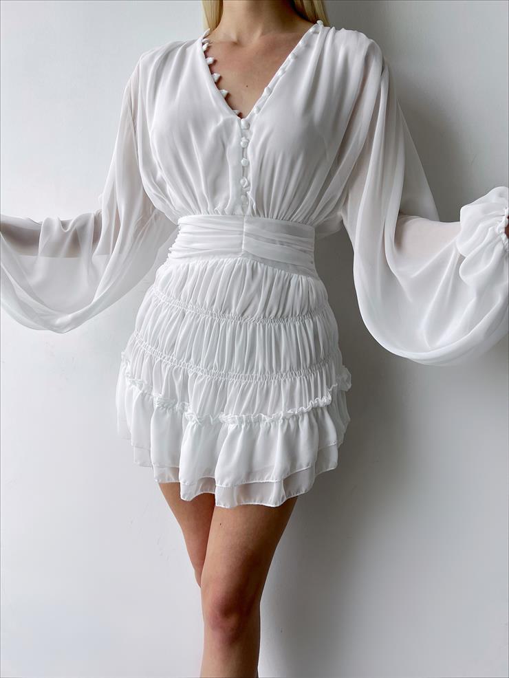 V Yaka Önü Düğmeli Belden Oturtmalı Ellae Kadın Beyaz Mini Elbise 23Y000267