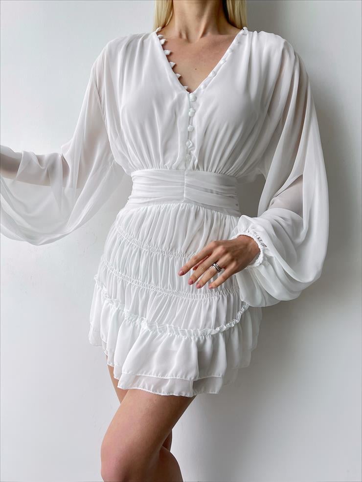 V Yaka Önü Düğmeli Belden Oturtmalı Ellae Kadın Beyaz Mini Elbise 23Y000267