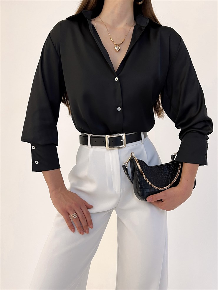 V Yaka Kadın Siyah Saten Gömlek 23K000429