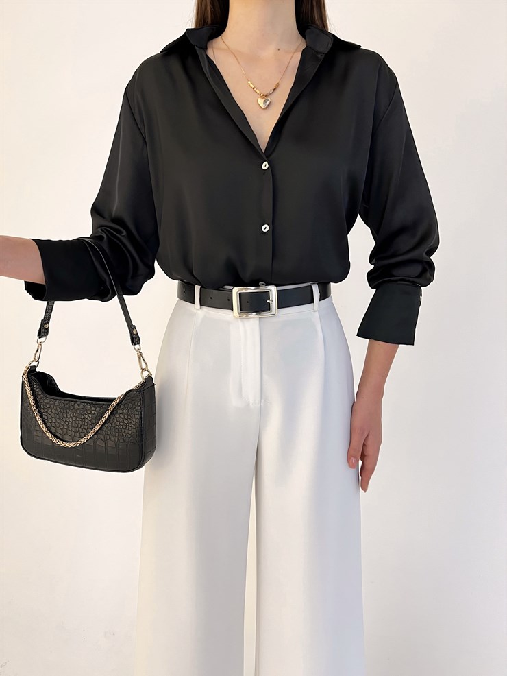 V Yaka Kadın Siyah Saten Gömlek 23K000429