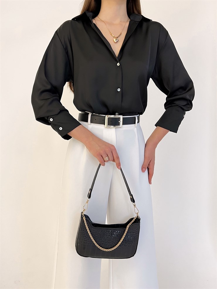 V Yaka Kadın Siyah Saten Gömlek 23K000429