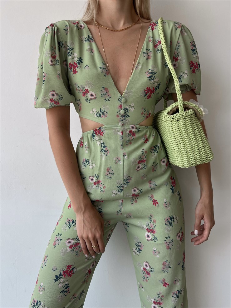 V Yaka Sırt Ve Bel Dekolteli Çiçekli Padana Kadın Yeşil Tulum 22Y000455