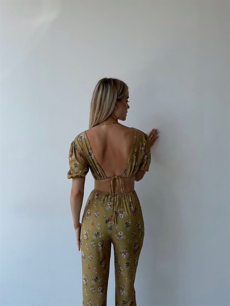 V Yaka Sırt Ve Bel Dekolteli Çiçekli Padana Kadın Hardal Tulum 22Y000455