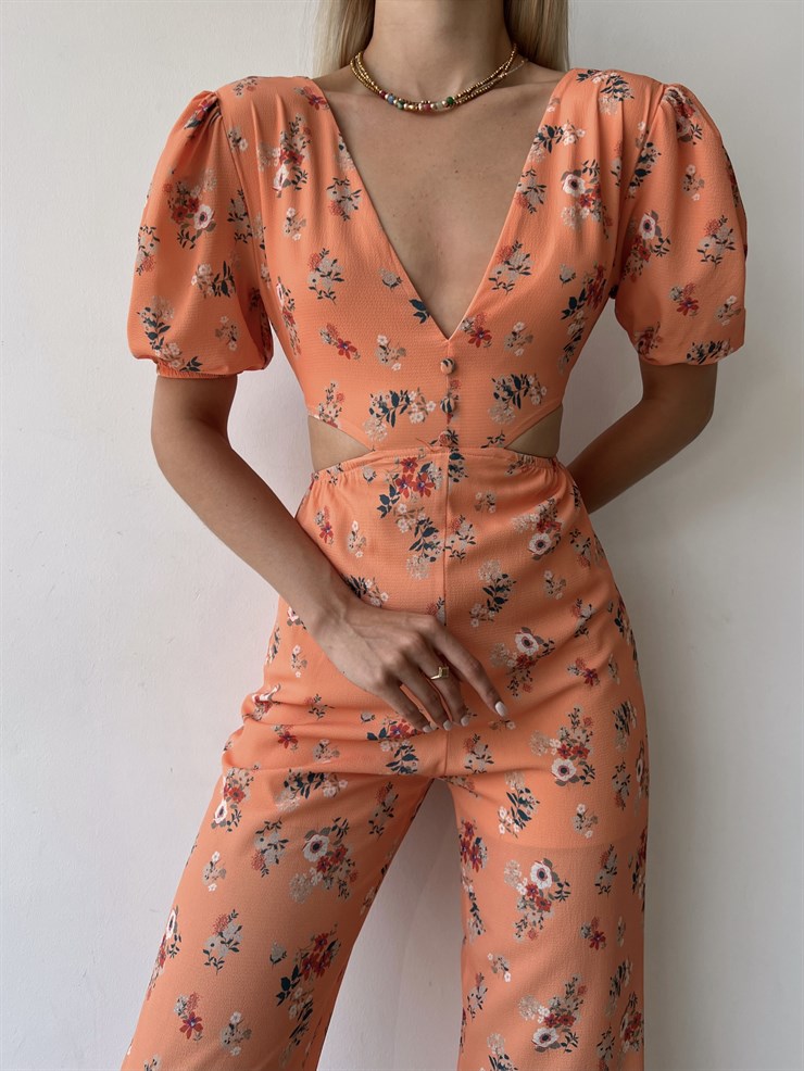 V Yaka Sırt Ve Bel Dekolteli Çiçekli Padana Kadın Somon Tulum 22Y000455