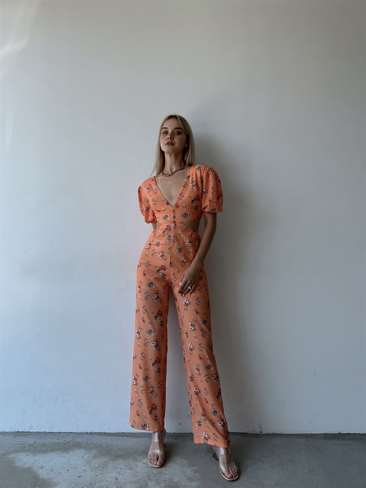 V Yaka Sırt Ve Bel Dekolteli Çiçekli Padana Kadın Somon Tulum 22Y000455