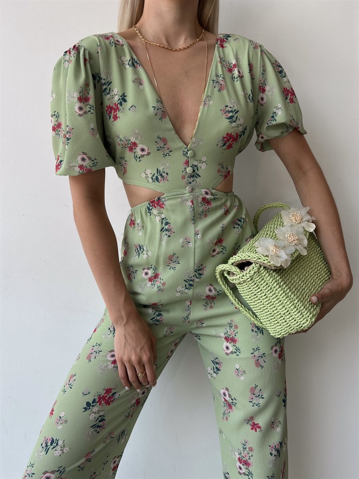 V Yaka Sırt Ve Bel Dekolteli Çiçekli Padana Kadın Yeşil Tulum 22Y000455