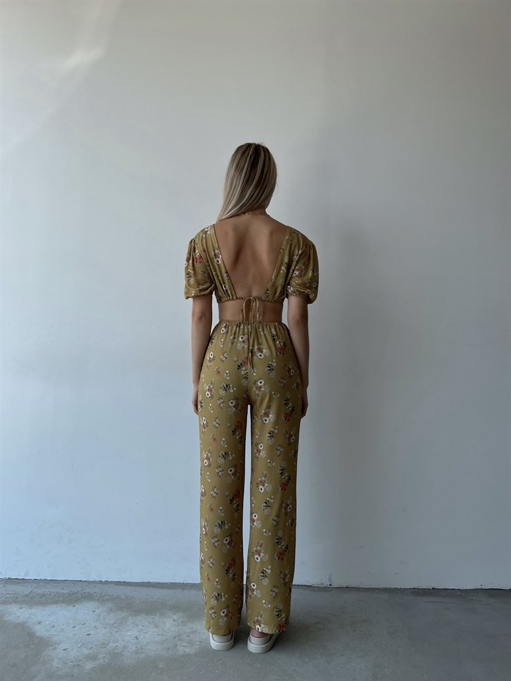 V Yaka Sırt Ve Bel Dekolteli Çiçekli Padana Kadın Hardal Tulum 22Y000455