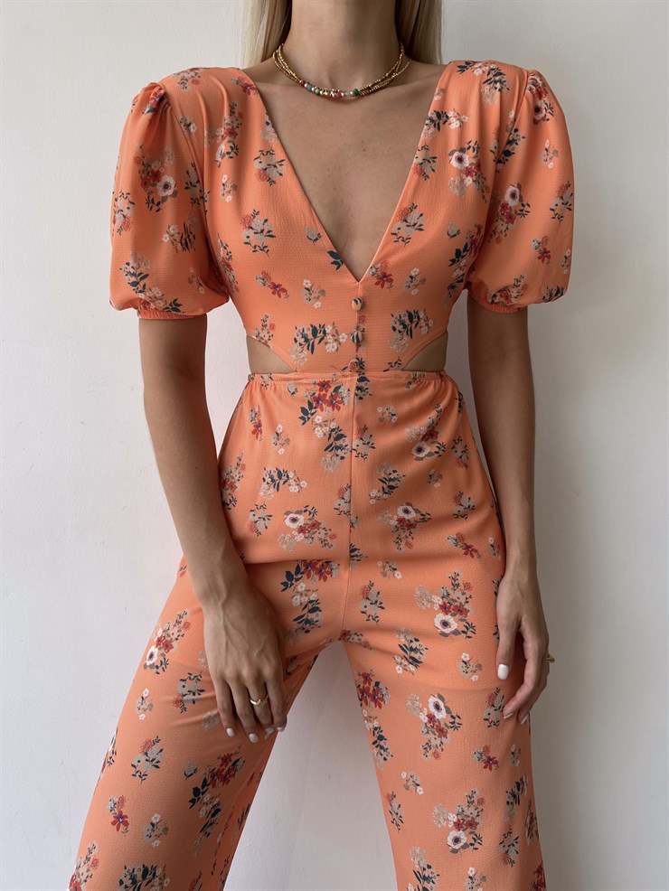 V Yaka Sırt Ve Bel Dekolteli Çiçekli Padana Kadın Somon Tulum 22Y000455