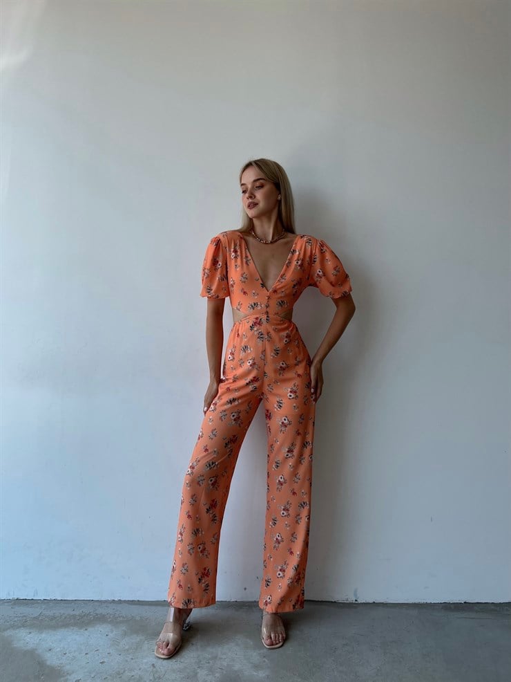 V Yaka Sırt Ve Bel Dekolteli Çiçekli Padana Kadın Somon Tulum 22Y000455