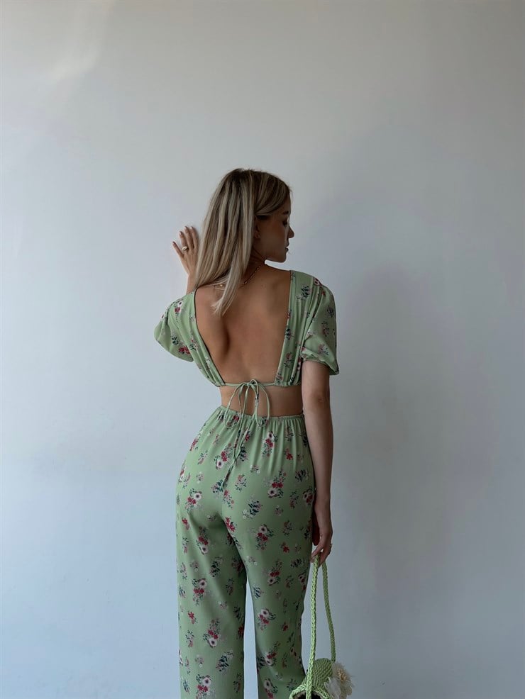 V Yaka Sırt Ve Bel Dekolteli Çiçekli Padana Kadın Yeşil Tulum 22Y000455