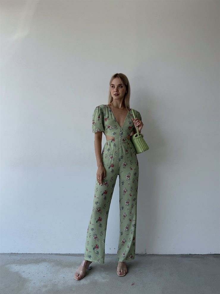 V Yaka Sırt Ve Bel Dekolteli Çiçekli Padana Kadın Yeşil Tulum 22Y000455