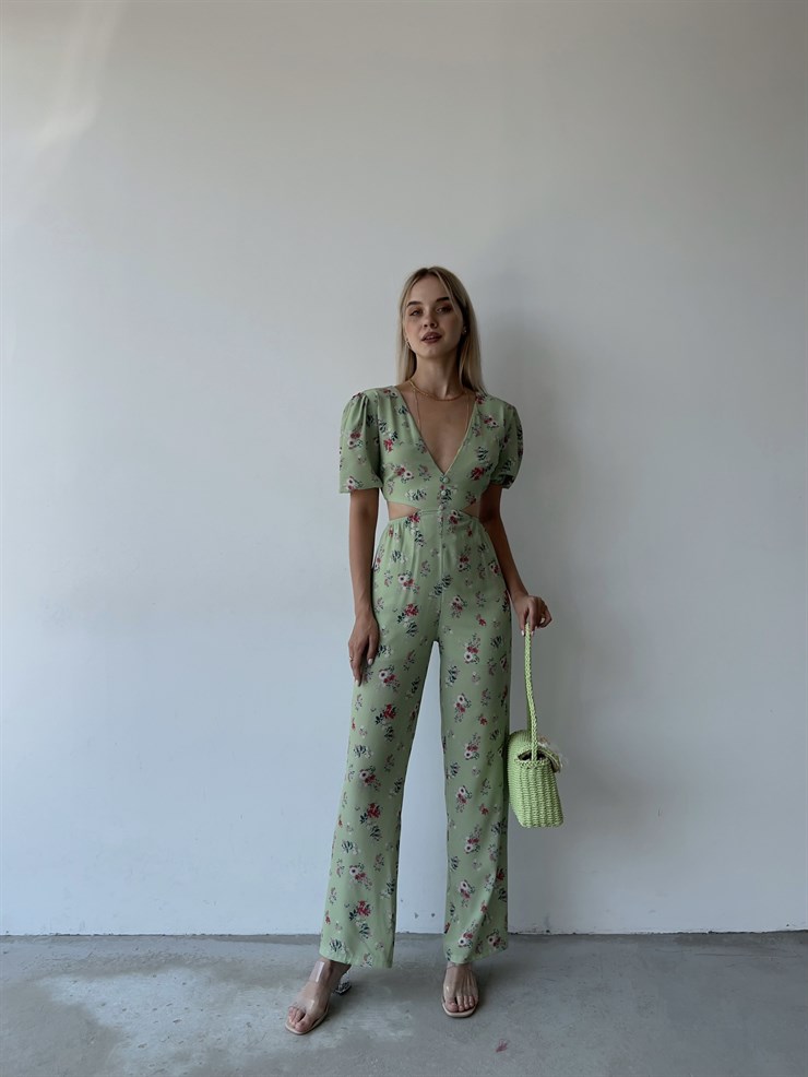 V Yaka Sırt Ve Bel Dekolteli Çiçekli Padana Kadın Yeşil Tulum 22Y000455