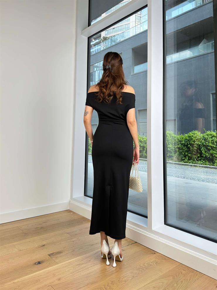 Madonna Yaka Drapeli Vaclav Kadın Siyah Streç Elbise 24Y441