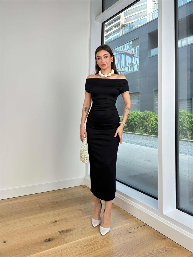 Madonna Yaka Drapeli Vaclav Kadın Siyah Streç Elbise 24Y441