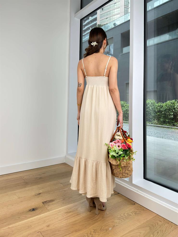 Ayarlanabilir Askılı Önü Dantel Detaylı Vaclava Kadın Natural Elbise 24Y504