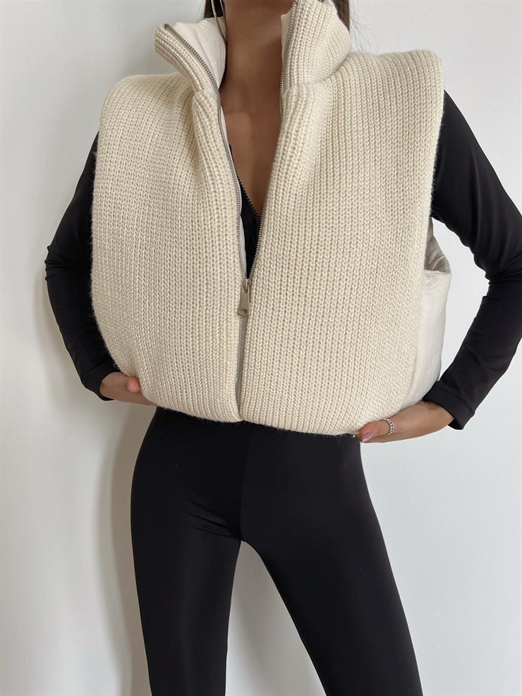 Fermuar Kapamalı Örme Görünümlü Valeria Kadın Taş Yelek 24k000050