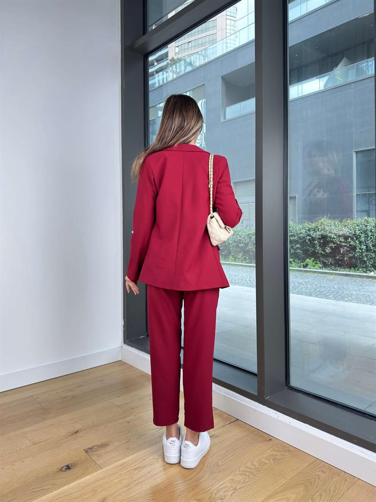 Omuz Vatkalı Blazer Ceket Beli Kemerli Pantolon Vans Bordo Kadın Takım 25Y229
