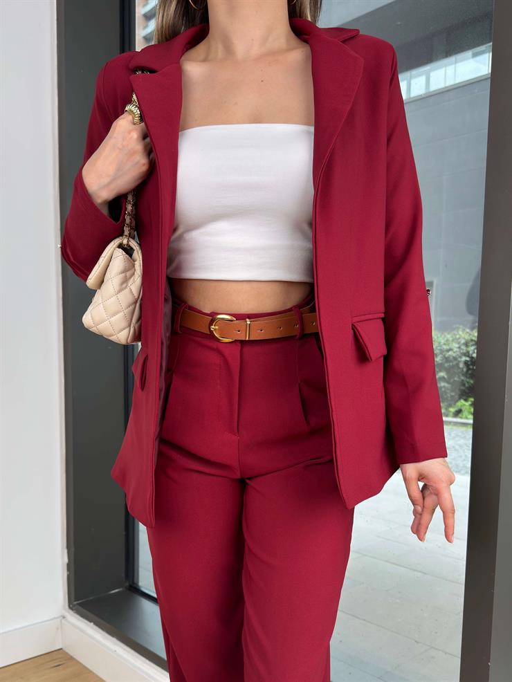 Omuz Vatkalı Blazer Ceket Beli Kemerli Pantolon Vans Bordo Kadın Takım 25Y229