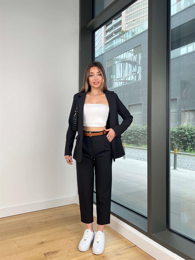 Omuz Vatkalı Blazer Ceket Beli Kemerli Pantolon Vans Siyah Kadın Takım 25Y229