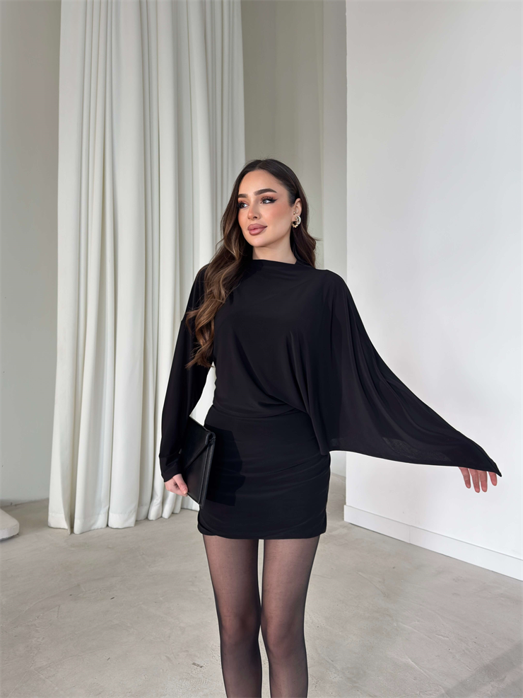 Yarasa Kol Belden Oturtmalı Varne Siyah Kadın Elbise 26Y094