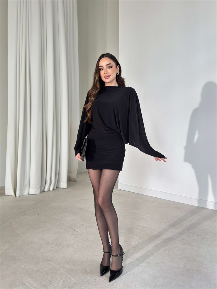 Yarasa Kol Belden Oturtmalı Varne Siyah Kadın Elbise 26Y094