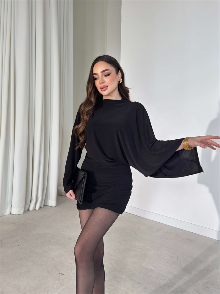 Yarasa Kol Belden Oturtmalı Varne Siyah Kadın Elbise 26Y094