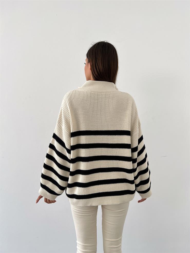 Oversize Yakası Fermuarlı Vassily Kadın Çizgili Taş Kazak 24k000012