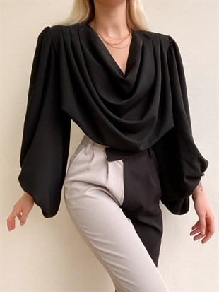 Vatkalı Degaje Yaka Balon Kol  Kadın Siyah Crop Bluz 21K000318