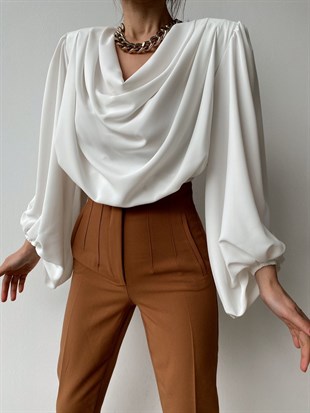 Vatkalı Degaje Yaka Balon Kol  Kadın Ekru Crop Bluz 21K000318