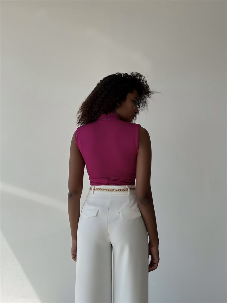 Vatkalı Derin V Dantel Yaka Elanor Kadın Fuşya Bodysuit 22Y000067