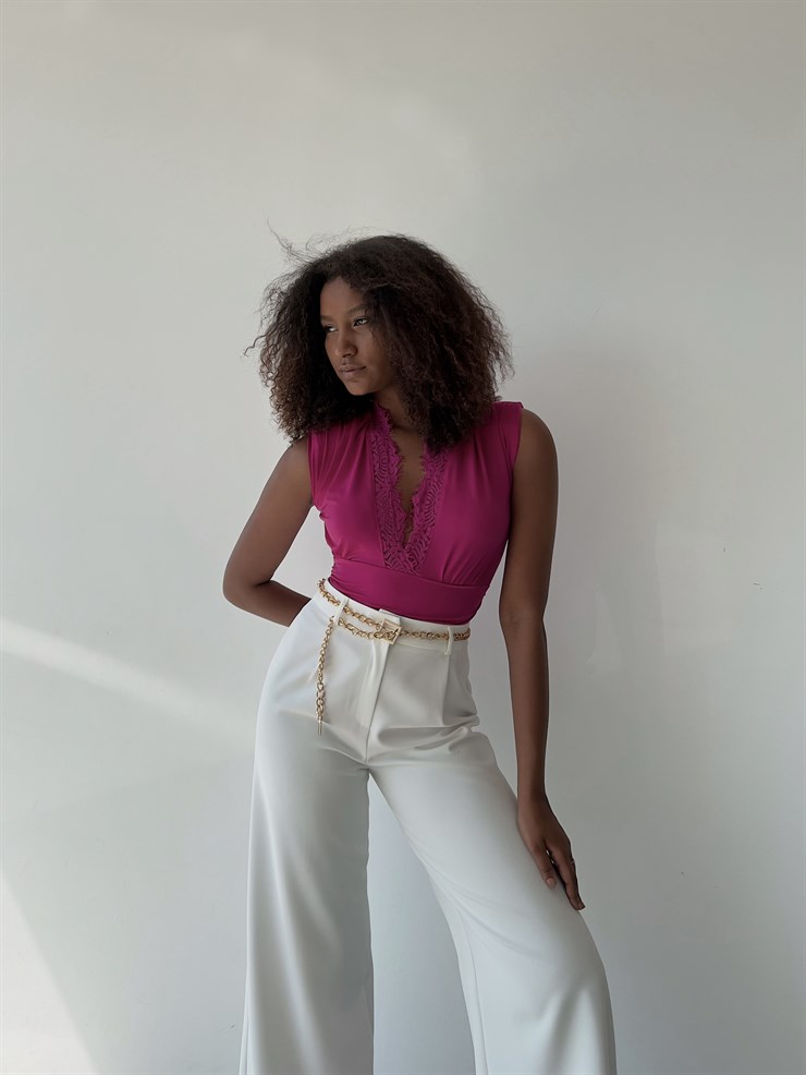 Vatkalı Derin V Dantel Yaka Elanor Kadın Fuşya Bodysuit 22Y000067