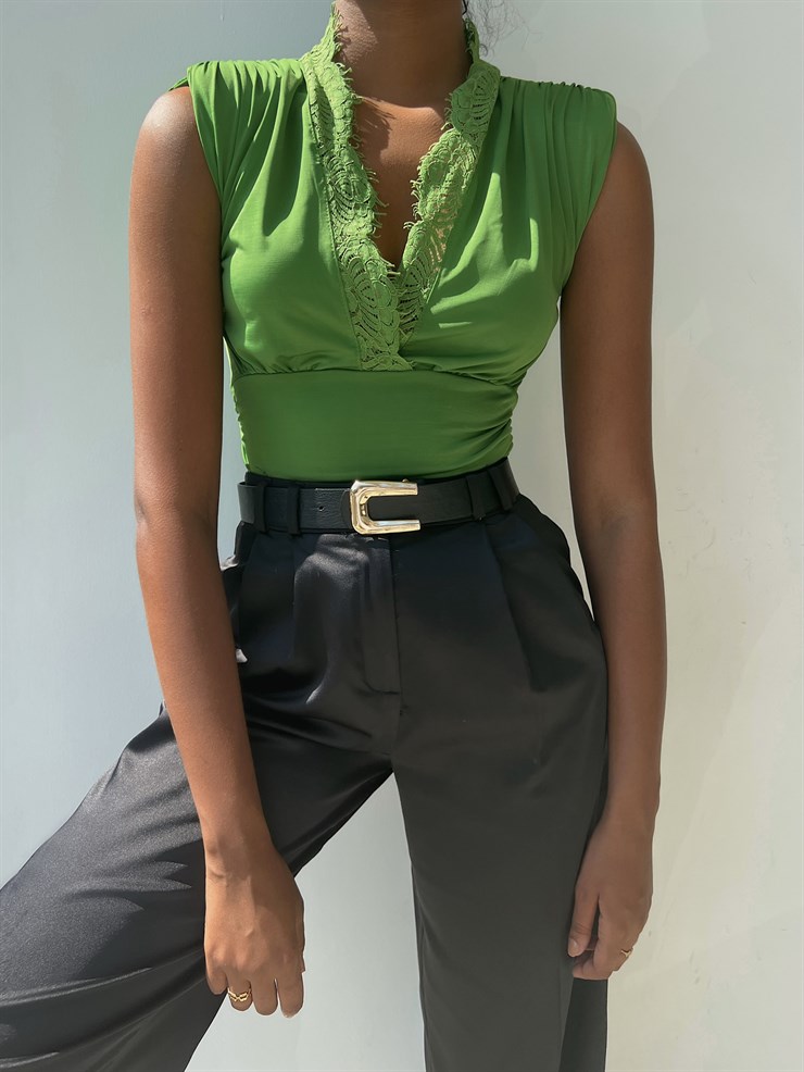 Vatkalı Derin V Dantel Yaka Elanor Kadın Yeşil Bodysuit 22Y000067