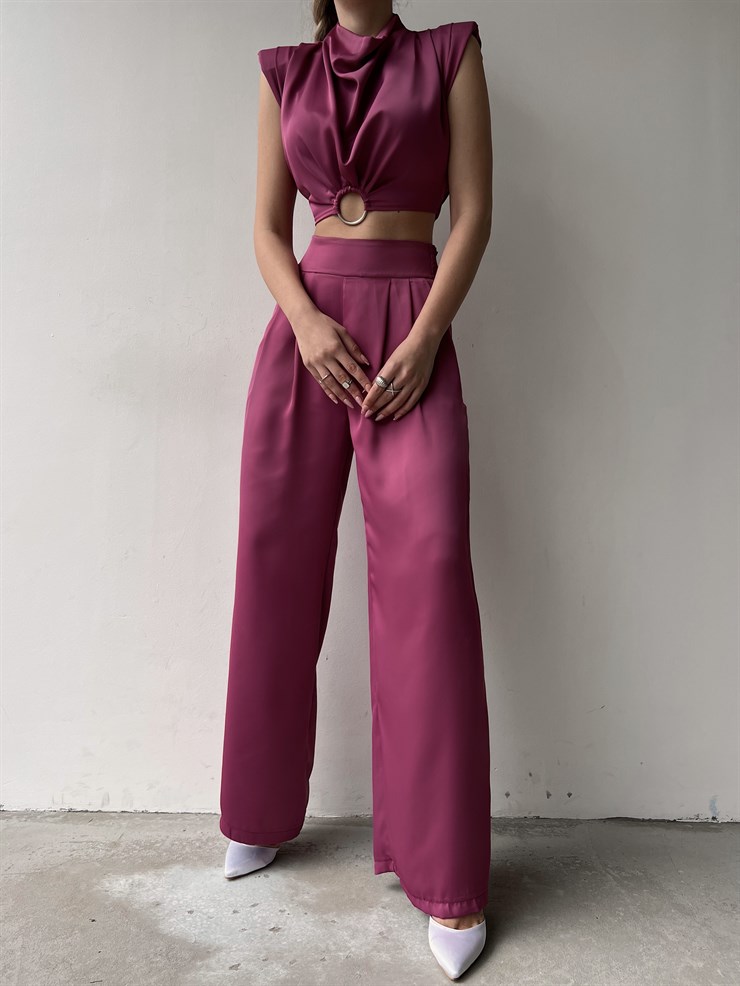 Vatkalı Halka Detay Bel Lastikli Kadın Fuşya Crop Bluz 22K000631