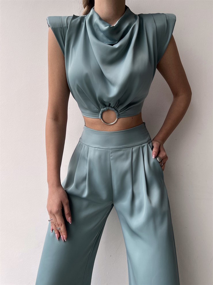 Vatkalı Halka Detay Bel Lastikli Kadın Mint Crop Bluz 22K000631