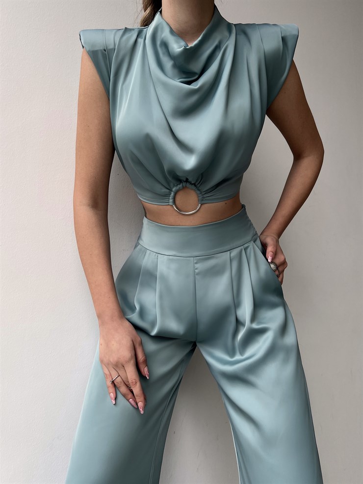 Vatkalı Halka Detay Bel Lastikli Kadın Mint Crop Bluz 22K000631