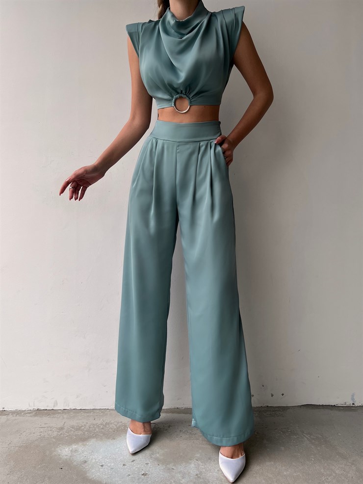 Vatkalı Halka Detay Bel Lastikli Kadın Mint Crop Bluz 22K000631
