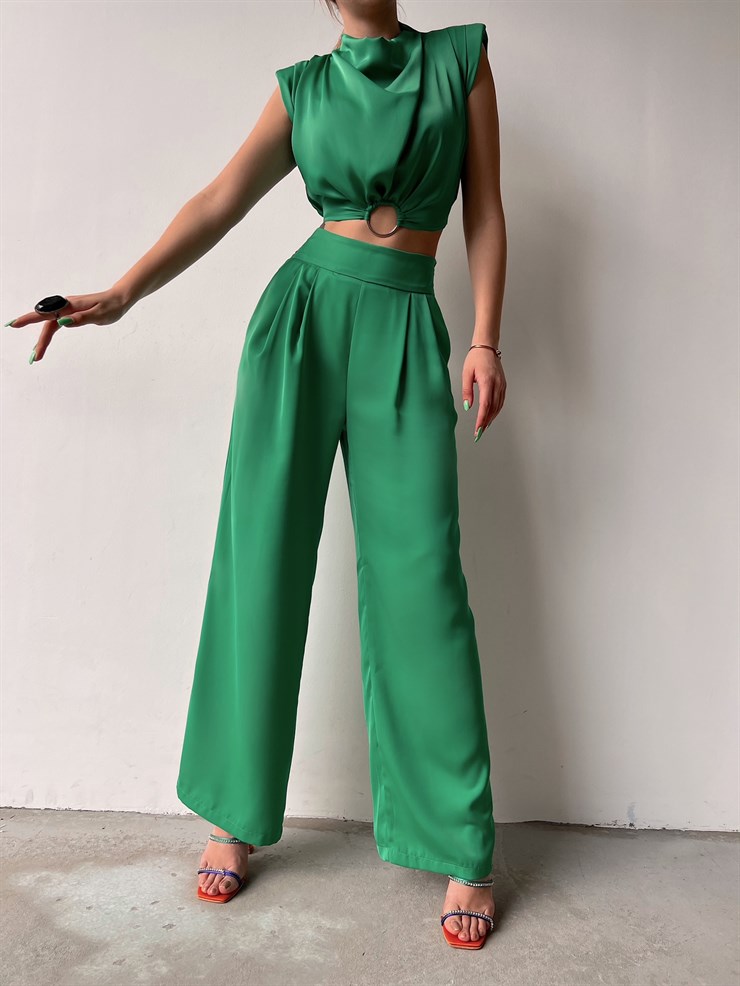 Vatkalı Halka Detay Bel Lastikli Kadın Yeşil Crop Bluz 22K000631