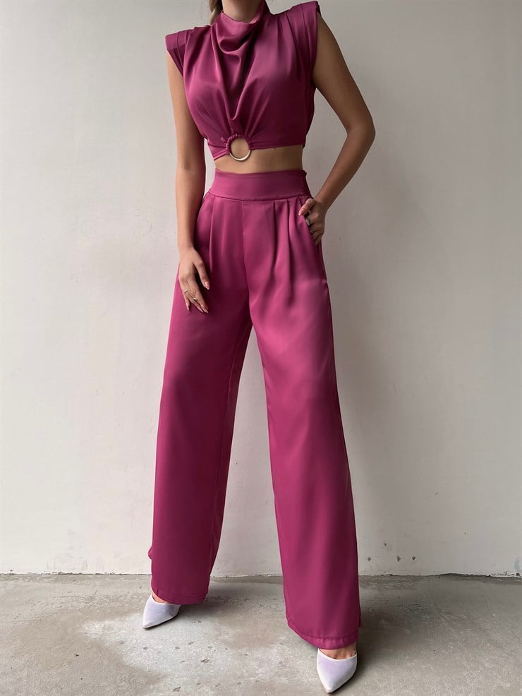 Vatkalı Halka Detay Bel Lastikli Kadın Fuşya Crop Bluz 22K000631