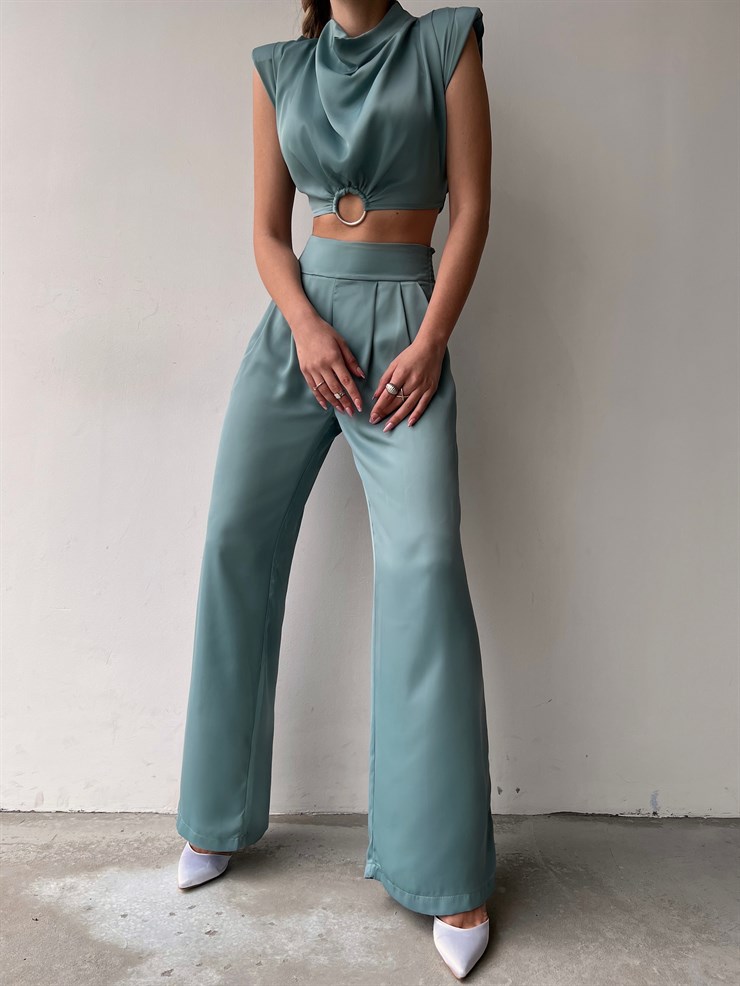 Vatkalı Halka Detay Bel Lastikli Kadın Mint Crop Bluz 22K000631