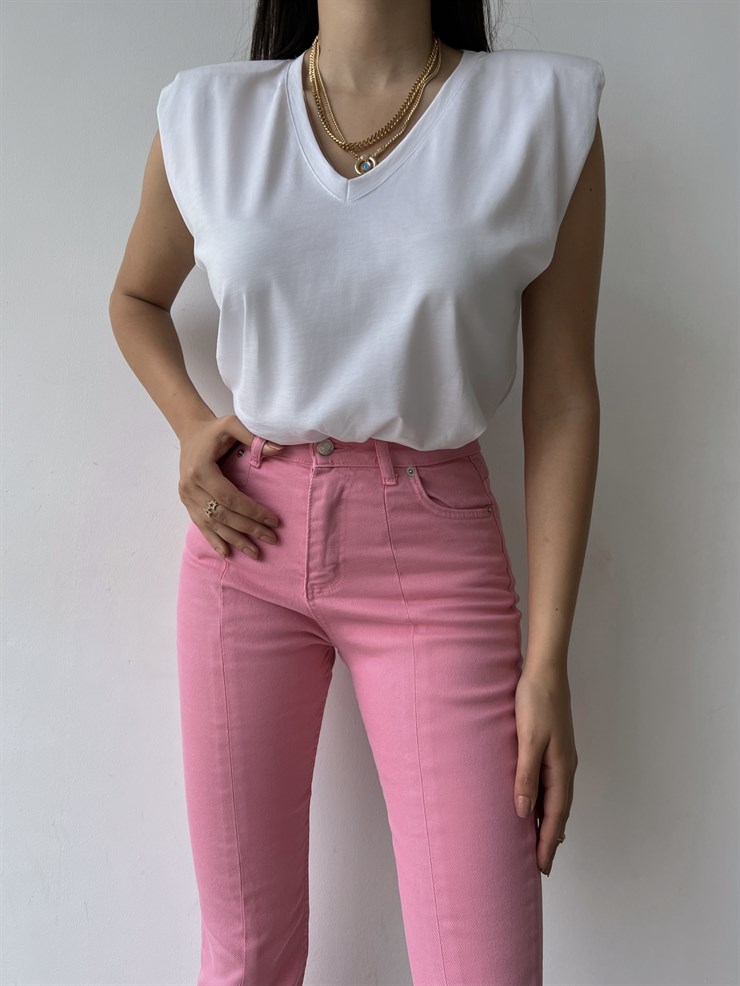 Vatkalı V Yaka Kolsuz Kadın Beyaz Tişört 22Y000153